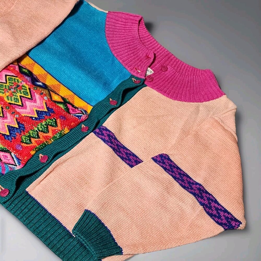 Veranda Wear Cardigan Womens M/L Colorblock Handwoven Guatemala Boho Art To Wear